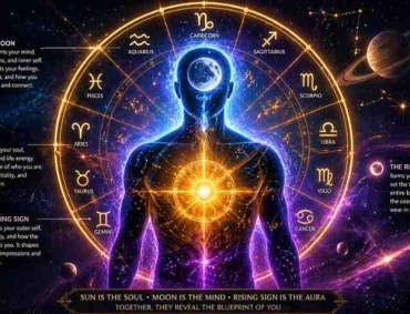 Human silhouette with Sun, Moon, and Rising sign energy centers glowing within a cosmic zodiac wheel background