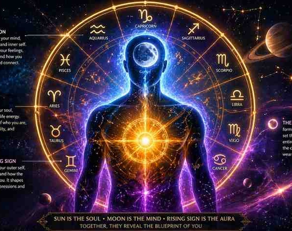 Human silhouette with Sun, Moon, and Rising sign energy centers glowing within a cosmic zodiac wheel background