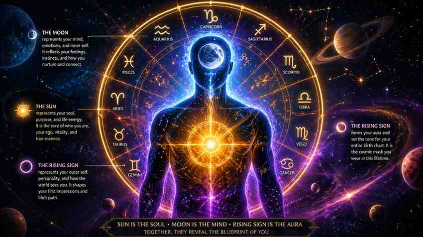 Human silhouette with Sun, Moon, and Rising sign energy centers glowing within a cosmic zodiac wheel background