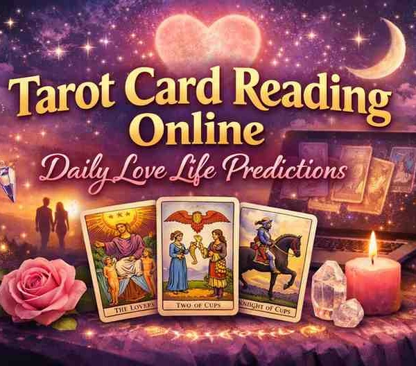 Tarot card reading online for daily love life predictions with love tarot cards and romantic theme