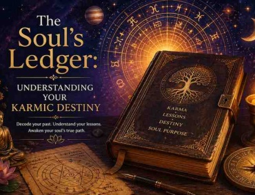 Mystical cosmic scene with an ancient book titled “Soul’s Ledger,” glowing zodiac wheel, candlelight, Buddha statue, and spiritual symbols representing karmic destiny and soul journey.