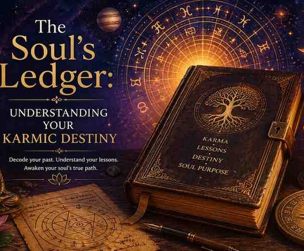 Mystical cosmic scene with an ancient book titled “Soul’s Ledger,” glowing zodiac wheel, candlelight, Buddha statue, and spiritual symbols representing karmic destiny and soul journey.