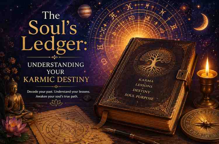 Mystical cosmic scene with an ancient book titled “Soul’s Ledger,” glowing zodiac wheel, candlelight, Buddha statue, and spiritual symbols representing karmic destiny and soul journey.