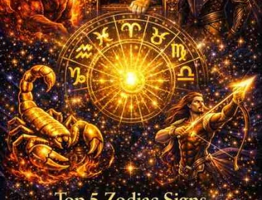 Premium astrology illustration of Aries, Leo, Capricorn, Scorpio, and Sagittarius around a golden zodiac wheel symbolizing leadership and power
