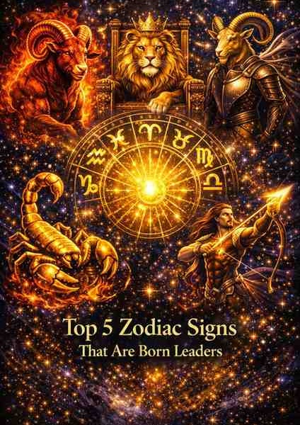 Premium astrology illustration of Aries, Leo, Capricorn, Scorpio, and Sagittarius around a golden zodiac wheel symbolizing leadership and power