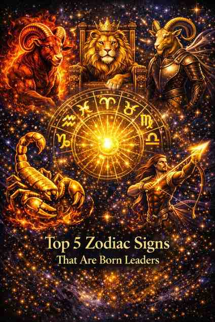 Premium astrology illustration of Aries, Leo, Capricorn, Scorpio, and Sagittarius around a golden zodiac wheel symbolizing leadership and power