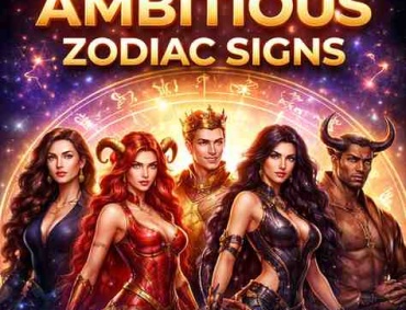 Top 5 most ambitious zodiac signs illustration featuring Capricorn, Aries, Leo, Scorpio, and Taurus with a glowing zodiac wheel