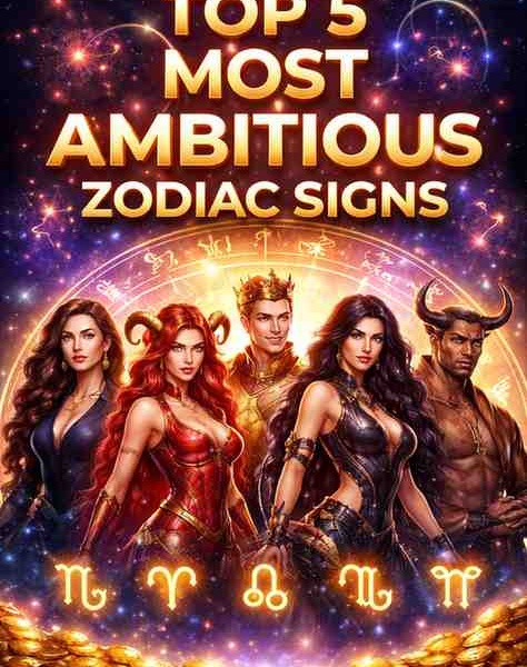 Top 5 most ambitious zodiac signs illustration featuring Capricorn, Aries, Leo, Scorpio, and Taurus with a glowing zodiac wheel