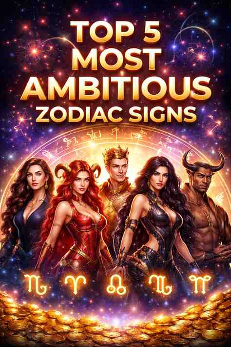 Top 5 most ambitious zodiac signs illustration featuring Capricorn, Aries, Leo, Scorpio, and Taurus with a glowing zodiac wheel