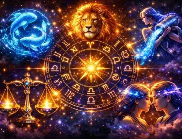 Premium astrology illustration featuring a glowing zodiac wheel with Pisces, Leo, Aquarius, Libra, and Gemini in vibrant cosmic colors
