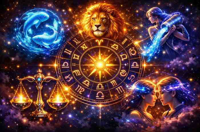 Premium astrology illustration featuring a glowing zodiac wheel with Pisces, Leo, Aquarius, Libra, and Gemini in vibrant cosmic colors