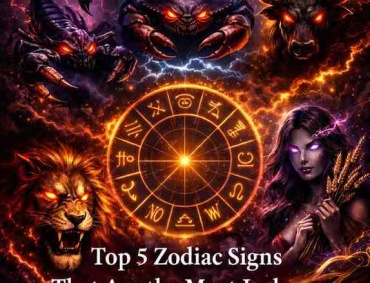 Dark, cinematic astrology illustration featuring Scorpio, Cancer, Taurus, Leo, and Virgo surrounding a glowing golden zodiac wheel, with intense glowing eyes, cosmic smoke, and deep purple, crimson, and gold tones.