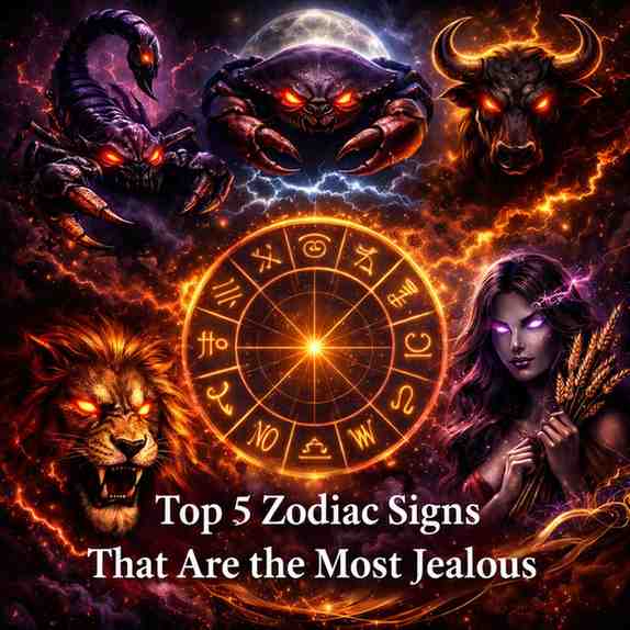 Dark, cinematic astrology illustration featuring Scorpio, Cancer, Taurus, Leo, and Virgo surrounding a glowing golden zodiac wheel, with intense glowing eyes, cosmic smoke, and deep purple, crimson, and gold tones.