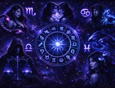 Five zodiac signs Scorpio, Gemini, Libra, Pisces and Cancer glowing around a dark mystical zodiac wheel in a cosmic background