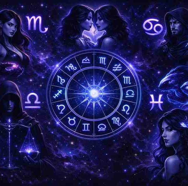 Five zodiac signs Scorpio, Gemini, Libra, Pisces and Cancer glowing around a dark mystical zodiac wheel in a cosmic background