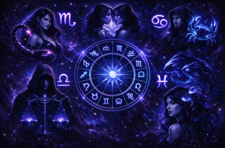 Five zodiac signs Scorpio, Gemini, Libra, Pisces and Cancer glowing around a dark mystical zodiac wheel in a cosmic background