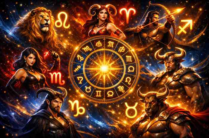 Top confident zodiac signs glowing in a cosmic astrology wheel