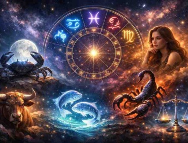 Top 6 most emotional zodiac signs with glowing astrology wheel and Cancer Pisces Scorpio Virgo Taurus Libra symbols in a cosmic background