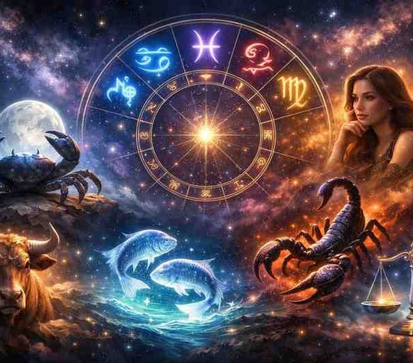 Top 6 most emotional zodiac signs with glowing astrology wheel and Cancer Pisces Scorpio Virgo Taurus Libra symbols in a cosmic background