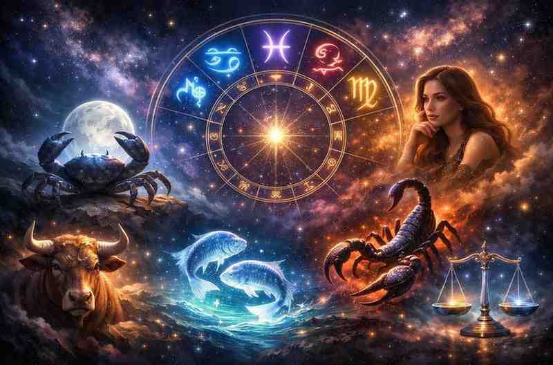 Top 6 most emotional zodiac signs with glowing astrology wheel and Cancer Pisces Scorpio Virgo Taurus Libra symbols in a cosmic background