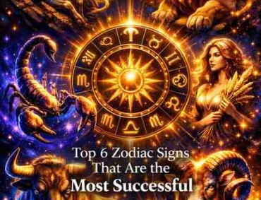 Premium astrology illustration of Capricorn, Leo, Scorpio, Virgo, Taurus, and Aries around a glowing golden zodiac wheel with cosmic lights symbolizing success and power.