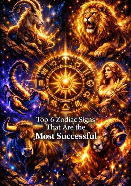 Premium astrology illustration of Capricorn, Leo, Scorpio, Virgo, Taurus, and Aries around a glowing golden zodiac wheel with cosmic lights symbolizing success and power.