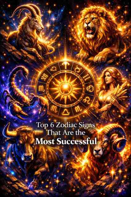 Premium astrology illustration of Capricorn, Leo, Scorpio, Virgo, Taurus, and Aries around a glowing golden zodiac wheel with cosmic lights symbolizing success and power.