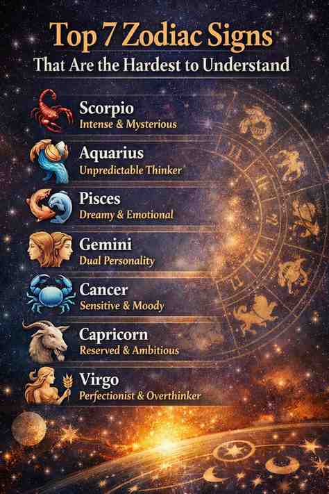Top 7 zodiac signs that are hardest to understand including Scorpio, Aquarius, Pisces, Gemini, Cancer, Capricorn, and Virgo with traits.