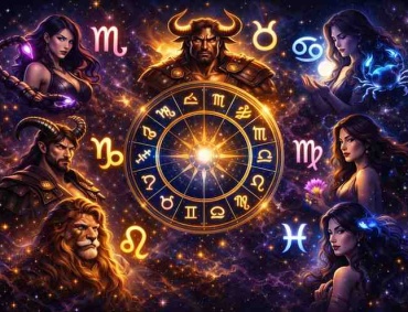 Seven loyal zodiac signs surrounding a glowing mystical zodiac wheel in a cosmic galaxy background