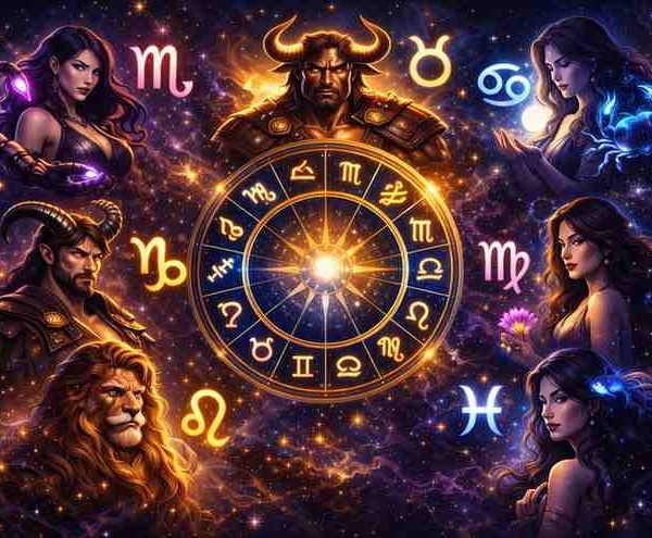 Seven loyal zodiac signs surrounding a glowing mystical zodiac wheel in a cosmic galaxy background