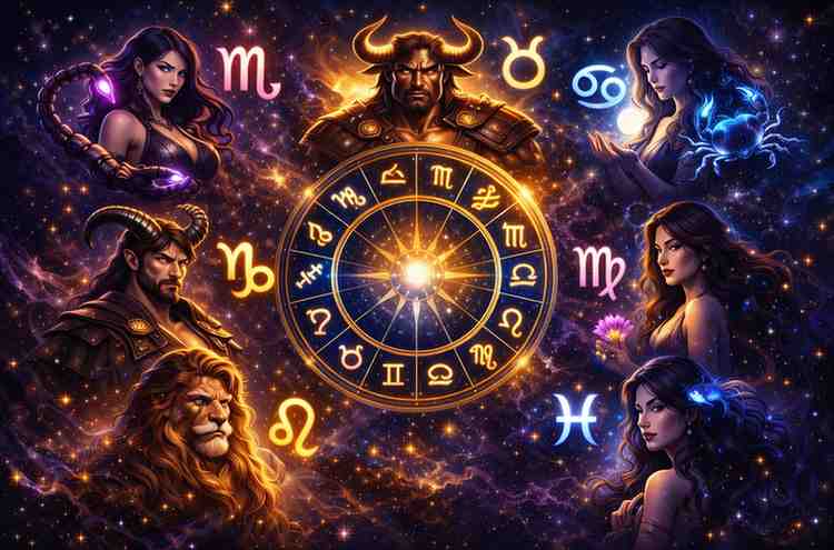 Seven loyal zodiac signs surrounding a glowing mystical zodiac wheel in a cosmic galaxy background
