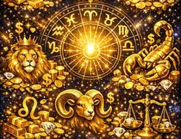 Premium astrology illustration of Capricorn, Taurus, Virgo, Scorpio, Leo, Aries, and Libra around a golden zodiac wheel symbolizing wealth and success