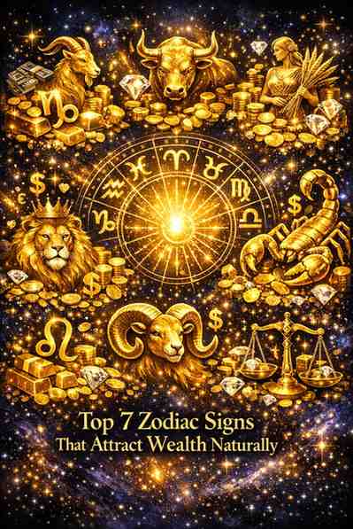 Premium astrology illustration of Capricorn, Taurus, Virgo, Scorpio, Leo, Aries, and Libra around a golden zodiac wheel symbolizing wealth and success