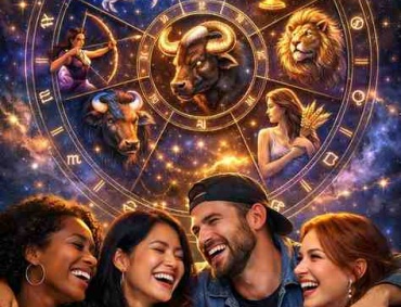 Premium astrology illustration with glowing zodiac wheel featuring Cancer, Pisces, Libra, Leo, Virgo, Taurus, and Sagittarius under a cosmic sky