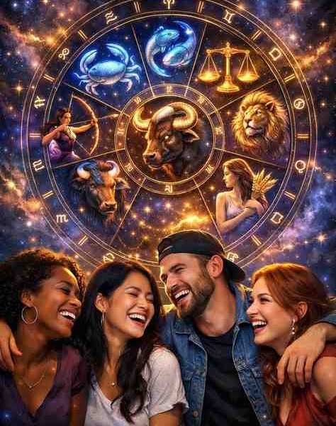 Premium astrology illustration with glowing zodiac wheel featuring Cancer, Pisces, Libra, Leo, Virgo, Taurus, and Sagittarius under a cosmic sky