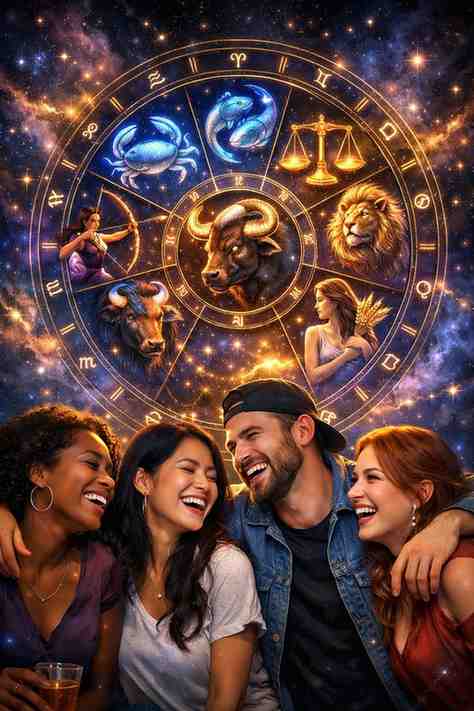 Premium astrology illustration with glowing zodiac wheel featuring Cancer, Pisces, Libra, Leo, Virgo, Taurus, and Sagittarius under a cosmic sky