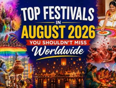 Top festivals in August 2026 worldwide showing cultural celebrations, rangoli, Krishna Janmashtami, and global festival events