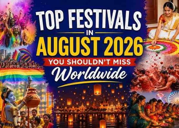 Top festivals in August 2026 worldwide showing cultural celebrations, rangoli, Krishna Janmashtami, and global festival events