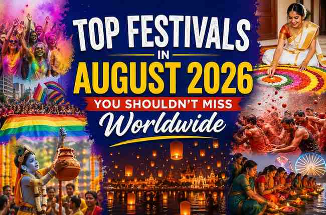 Top festivals in August 2026 worldwide showing cultural celebrations, rangoli, Krishna Janmashtami, and global festival events
