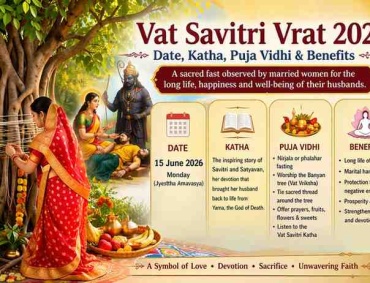 Vat Savitri Vrat 2026 puja illustration with woman worshipping Banyan tree, Savitri and Satyavan katha, rituals, date and benefits infographic