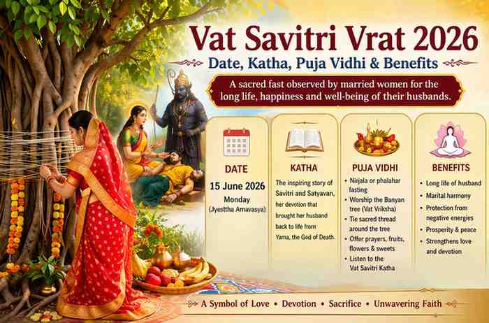 Vat Savitri Vrat 2026 puja illustration with woman worshipping Banyan tree, Savitri and Satyavan katha, rituals, date and benefits infographic