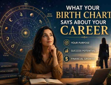 Woman analyzing birth chart astrology for career guidance with zodiac wheel, planets, and city skyline representing success and financial growth