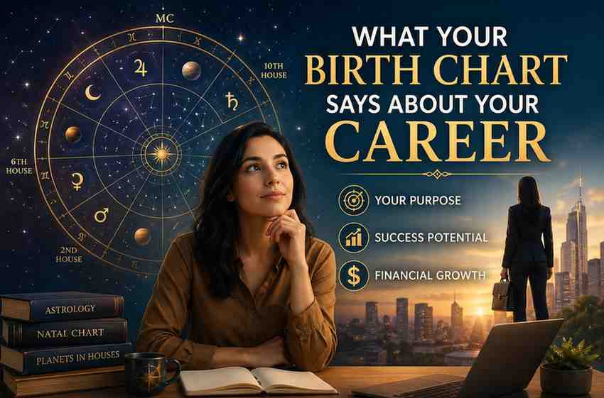 Woman analyzing birth chart astrology for career guidance with zodiac wheel, planets, and city skyline representing success and financial growth