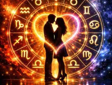 Romantic couple silhouette inside glowing zodiac wheel with 12 zodiac signs, cosmic background, symbolizing zodiac compatibility and love match