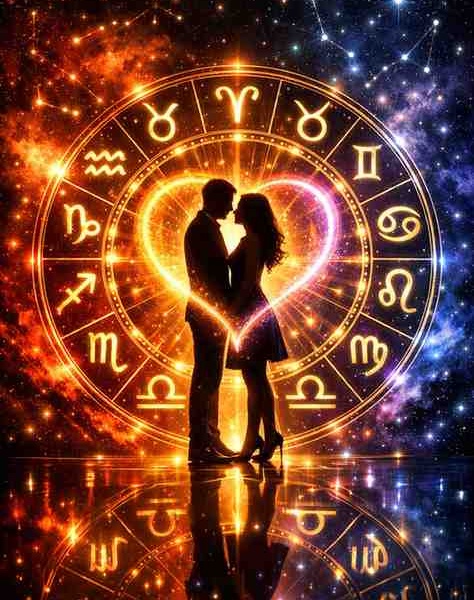 Romantic couple silhouette inside glowing zodiac wheel with 12 zodiac signs, cosmic background, symbolizing zodiac compatibility and love match