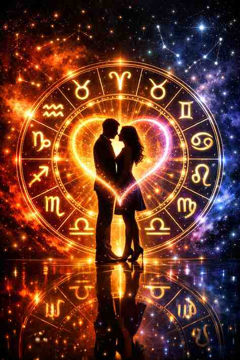 Romantic couple silhouette inside glowing zodiac wheel with 12 zodiac signs, cosmic background, symbolizing zodiac compatibility and love match