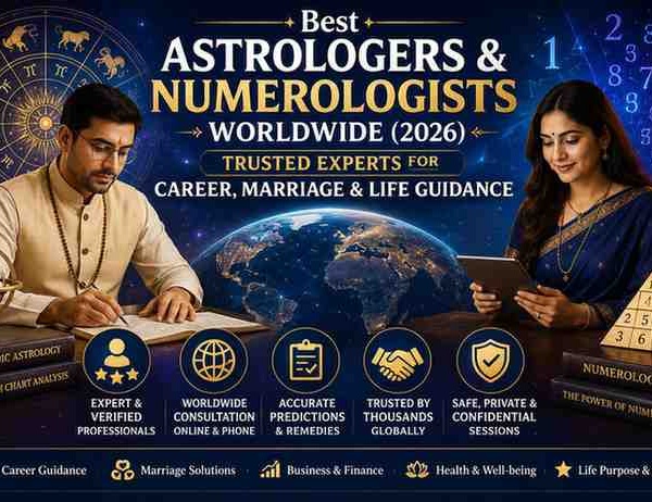 Global astrology and numerology banner featuring Vedic astrologers, zodiac symbols, numerology charts, and online consultation services for career, marriage, and life guidance in 2026.