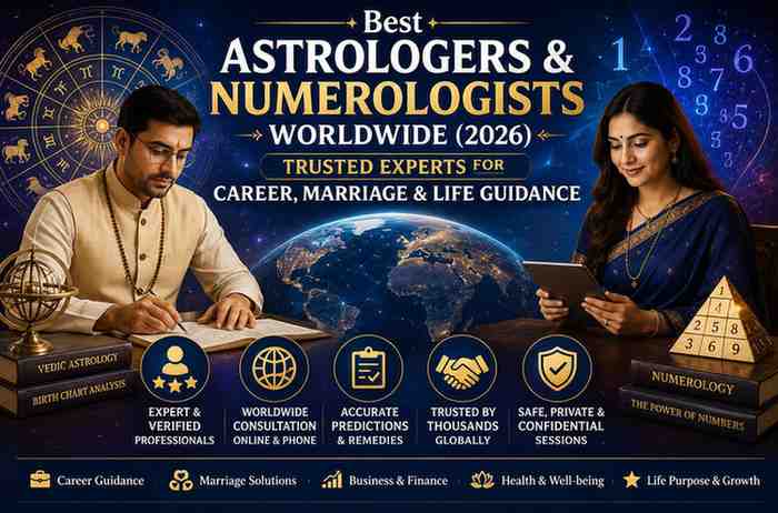Global astrology and numerology banner featuring Vedic astrologers, zodiac symbols, numerology charts, and online consultation services for career, marriage, and life guidance in 2026.