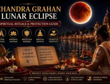 Hindu priest performing Chandra Grahan lunar eclipse rituals beside a sacred river under a glowing red moon for spiritual protection and purification.