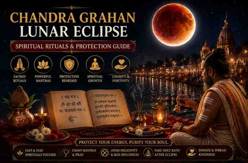 Hindu priest performing Chandra Grahan lunar eclipse rituals beside a sacred river under a glowing red moon for spiritual protection and purification.